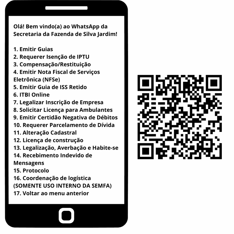 Olá! Bem vindo(a) ao WhatsApp da Secretaria da Fazenda de Silva Jardim! 1. Emitir Guias 2. Requerer Isenção de IPTU 3. CompensaçãoRestituição 4. Emitir Nota Fiscal de Serviços Eletrônica (NFSe) 5. (1).png